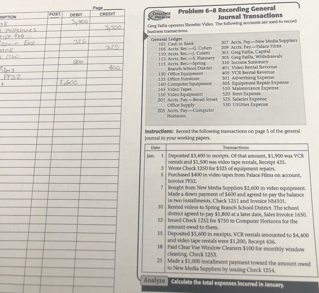 Page 
RIPTIODEBIT CREDIT Challenge Problem 6-8 Recording General 
POST. 
Problem Journal Transactions 
Greg Failla operates Showbiz Video. The following accounts are used to record 
business transactions. 
General Ledger
101 Cash in Bank 207 Accts. Pay.—New Media Suppliers
105 Accts. Rec.—G. Cohen 209 Accts. Pay.—Palace Films
110 Accts. Rec.—J. Coletti 301 Greg Failla, Capital
113 Accts. Rec.—S. Flannery 305 Greg Failla, Withdrawals
115 Accts. Rec.—Spring 310 Income Summary 
Branch School District 401 Video Rental Revenue
130 Office Equipment 405 VCR Rental Revenue
135 Office Furniture 501 Advertising Expense
140 Computer Equipment 505 Equipment Repair Expense
145 Video Tapes 510 Maintenance Expense
150 Video Equipment 520 Rent Expense
201 Accts. Pay.—Broad Street 525 Salaries Expense 
Office Supply 530 Utilities Expense
205 Accts. Pay.—Computer 
Horizons 
Instructions: Record the following transactions on page 5 of the general 
journal in your working papers. 
Date Transactions 
Jan. 1 Deposited $3,400 in receipts. Of that amount, $1,900 was VCR 
rentals and $1,500 was video tape rentals, Receipt 435. 
3 Wrote Check 1250 for $325 of equipment repairs. 
5 Purchased $400 in video tapes from Palace Films on account, 
Invoice PF32. 
7 Bought from New Media Suppliers $2,600 in video equipment. 
Made a down payment of $600 and agreed to pay the balance 
in two installments, Check 1251 and Invoice NM101.
10 Rented videos to Spring Branch School District. The school 
district agreed to pay $1,800 at a later date, Sales Invoice 1650. 
12 Issued Check 1252 for $750 to Computer Horizons for the 
amount owed to them. 
15 Deposited $5,600 in receipts. VCR rentals amounted to $4,400
and video tape rentals were $1,200, Receipt 436. 
18 Paid Clear Vue Window Cleaners $100 for monthly window 
cleaning, Check 1253. 
25 | Made a $1,000 installment payment toward the amount owed 
to New Media Suppliers by issuing Check 1254. 
Analyze Calculate the total expenses incurred in January.