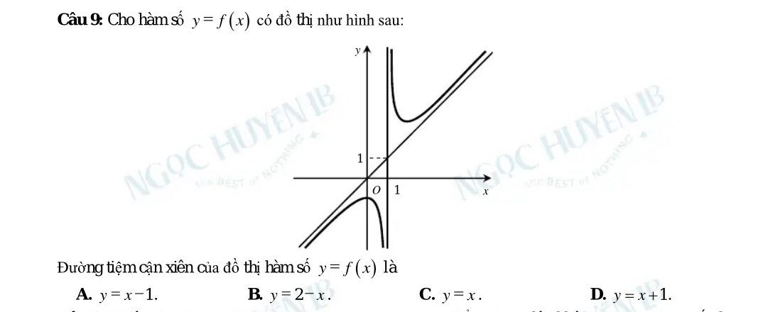 Cho hàm số y=f(x) có đồ thị như hình sau:
Đường tiệm cận xiên của đồ thị hàm số y=f(x) là
A. y=x-1. B. y=2-x. C. y=x. D. y=x+1.