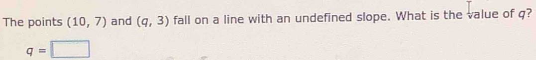 The points (10,7) and (q,3) fall on a line with an undefined slope. What is the value of q?
q=□