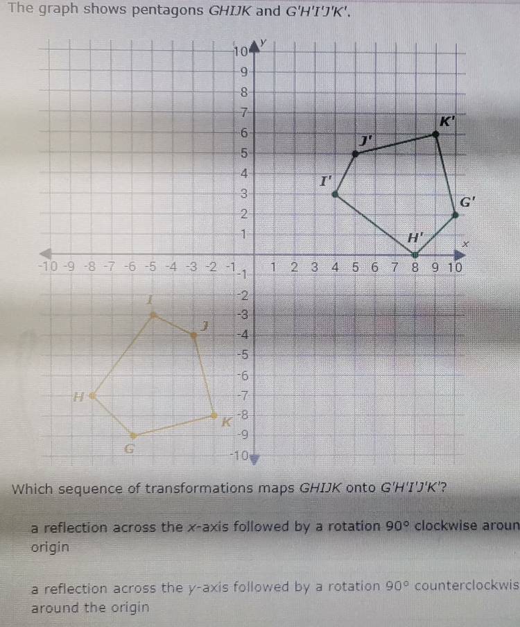 The graph shows pentagons GHIJK and G'H'I'J'K'.
a reflection across the x-axis followed by a rotation 90° clockwise aroun
origin
a reflection across the y-axis followed by a rotation 90° counterclockwis
around the origin