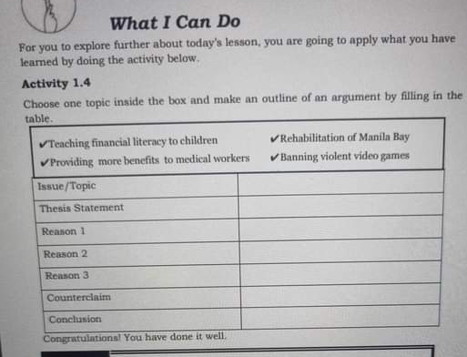 What I Can Do 
For you to explore further about today's lesson, you are going to apply what you have 
learned by doing the activity below. 
Activity 1.4 
Choose one topic inside the box and make an outline of an argument by filling in the