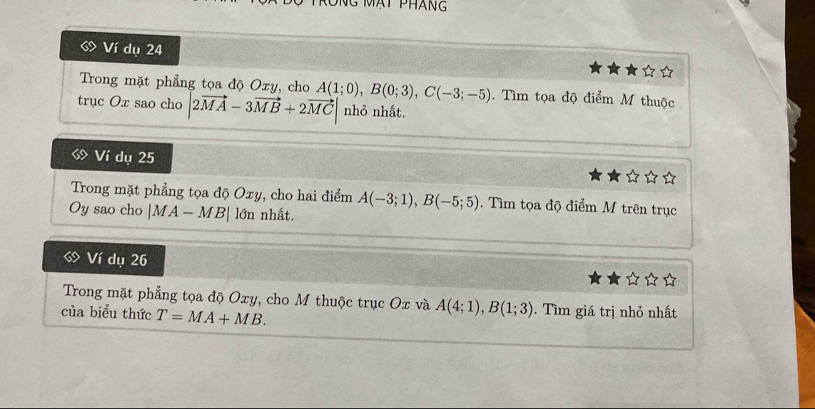 Mạt pháng 
6 Ví dụ 24 
Trong mặt phẳng tọa độ Oxy, cho A(1;0), B(0;3), C(-3;-5). Tìm tọa độ điểm M thuộc 
trục Ox sao cho |2vector MA-3vector MB+2vector MC| nhỏ nhất. 
un Ví dụ 25
Trong mặt phẳng tọa độ Oxy, cho hai điểm A(-3;1), B(-5;5). Tìm tọa độ điểm M trên trục
Oy sao cho |MA-MB| lớn nhất. 
Ví dụ 26 
Trong mặt phẳng tọa độ Oxy, cho M thuộc trục Ox và A(4;1), B(1;3). Tìm giá trị nhỏ nhất 
của biểu thức T=MA+MB.