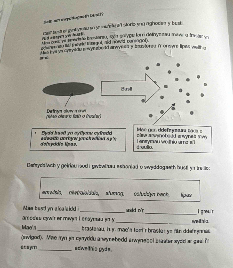 Beth am swyddogaeth bustl? 
Caiff busti ei gynhyrchu yn yr iau/afu a' storio yng nghoden y bustl. 
Nid ensym yw bustl. 
Mae busti yn emwisio brasterau, sy'n golygu torri defnynnau mawr o fraster yn 
ddefnynnau Ilai (newid ffisegol, nid newid cemegol). 
Maa hyn yn cynyddu arwynebedd arwyneb y brasterau i'r ensym lipas weithio 
Defnyddiwch y geiriau isod i gwbwlhau esboniad o swyddogaeth bustl yn treilio: 
emwlsio, niwtraleiddio, stumog, coluddyn bach, lipas 
Mae bustl yn alcalaidd i _asid o'r 
_i greu'r 
amodau cywir er mwyn i ensymau yn y_ weithio. 
Mae'n_ brasterau, h.y. mae'n torri'r braster yn fân ddefnynnau 
(swigod). Mae hyn yn cynyddu arwynebedd arwynebol braster sydd ar gael i'r 
ensym_ adweithio gyda.