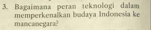 Bagaimana peran teknologi dalam 
memperkenalkan budaya Indonesia ke 
mancanegara?