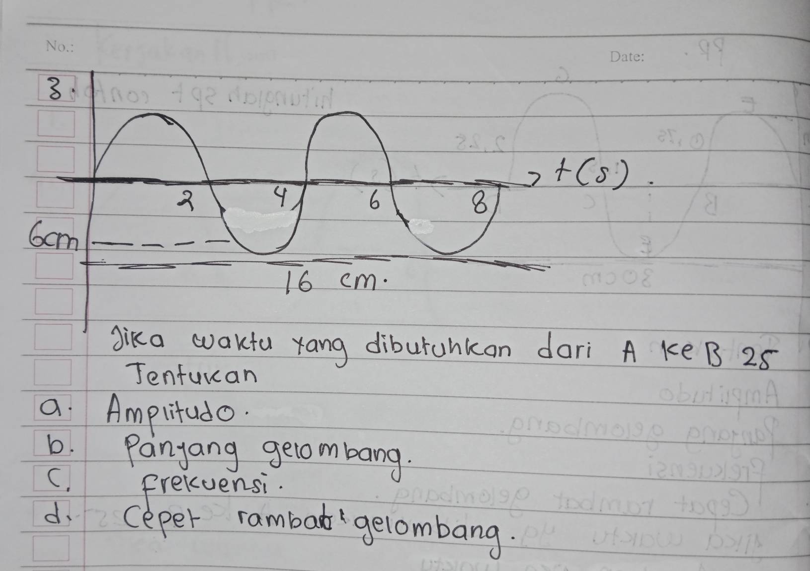 8
+(s)
2
4
6
8
6cm
16 cm.
Jika waktu yang diburahkon dari A ke B 25
Jenfuuan
a Amplitudo.
b. Panyang gelombang.
C. frekvensi.
d. ceper rambad gelombang.