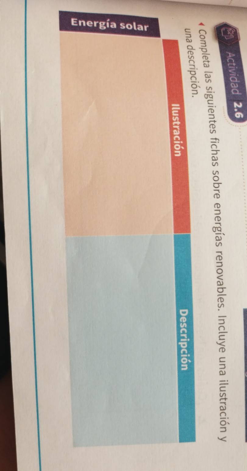 Actividad 2.6 
Completa las siguientes fichas sobre energías renovables. Incluye una ilustración y