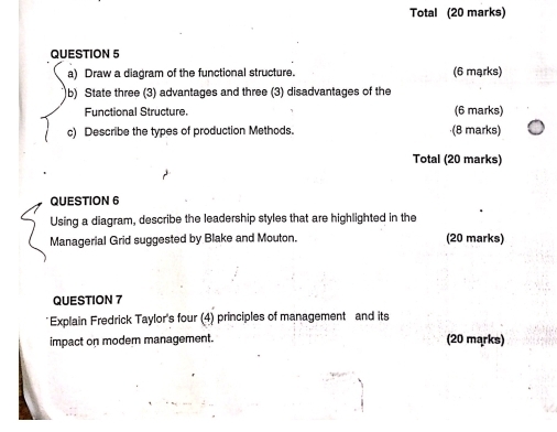 Total (20 marks) 
QUESTION 5 
a) Draw a diagram of the functional structure. (6 mąrks) 
b) State three (3) advantages and three (3) disadvantages of the 
Functional Structure. (6 marks) 
c) Describe the types of production Methods. (8 marks) 
Total (20 marks) 
QUESTION 6 
Using a diagram, describe the leadership styles that are highlighted in the 
Managerial Grid suggested by Blake and Mouton. (20 marks) 
QUESTION 7 
Explain Fredrick Taylor's four (4) principles of management and its 
impact on modem management. (20 marks)