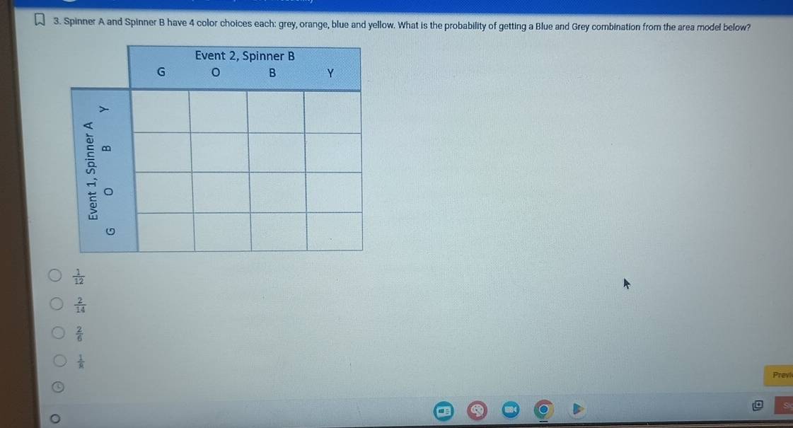 Spinner A and Spinner B have 4 color choices each: grey, orange, blue and yellow. What is the probability of getting a Blue and Grey combination from the area model below?
Event 2, Spinner B
G
B Y
m
 1/12 
 2/14 
 2/6 
 1/R 
Preyk