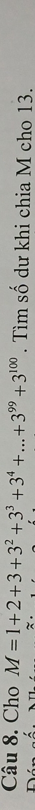 Cho M=1+2+3+3^2+3^3+3^4+...+3^(99)+3^(100). Tìm số dư khi chia M cho 13.