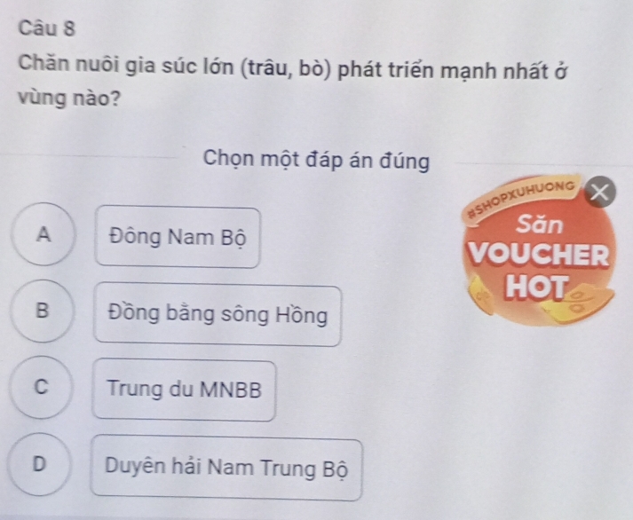 Chăn nuôi gia súc lớn (trâu, bò) phát triển mạnh nhất ở
vùng nào?
Chọn một đáp án đúng
BSHOPXUHUONG
A Đông Nam Bộ
Săn
VOUCHER
HOT
B Đồng bằng sông Hồng
C Trung du MNBB
D Duyên hải Nam Trung Bộ