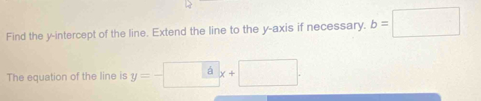 Find the y-intercept of the line. Extend the line to the y-axis if necessary. b=□
The equation of the line is y= hat a □ x+□