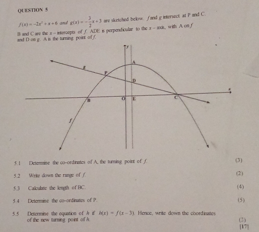 f(x)=-2x^2+x+6 and g(x)=- 3/2 x+3 are sketched below. ∫ and g intersect at P and C.
B and C are the x - intercepts of f.ADE
ning point of f. is perpendicular to the x-axis , with A onf 
5.1 Determine the co-ordinates of A, the turning point of f (3) 
5.2 Write down the range of f. (2) 
5.3 Calculate the length of BC. (4) 
5.4 Determine the co-ordinates of P. (5) 
5.5 Determine the equation of h if h(x)=f(x-3) Hence, write down the coordinates 
of the new turning point of h. (2) 
[17]