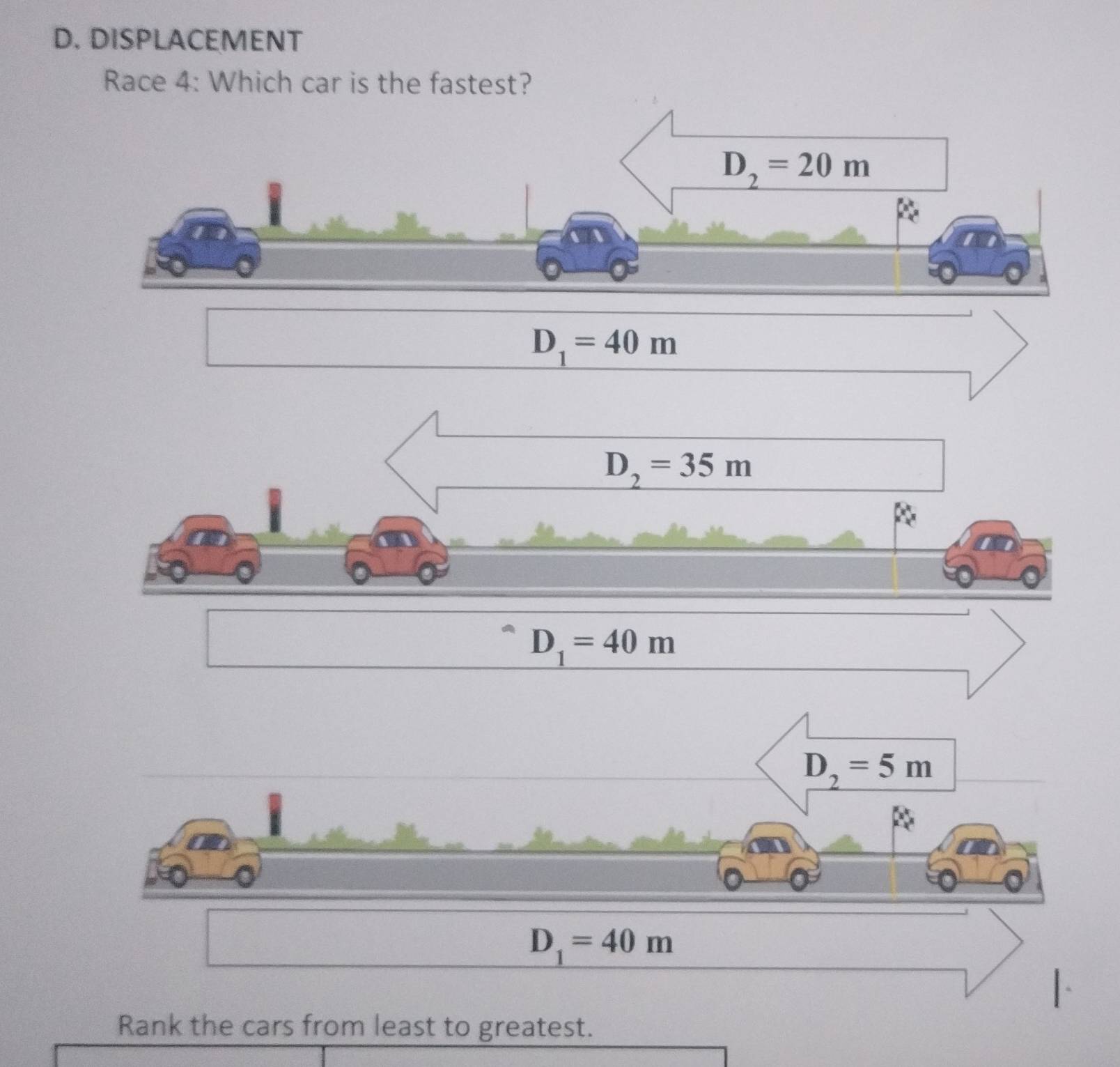 DISPLACEMENT
Race 4: Which car is the fastest?
D_2=35m
□ 
D_1=40m
_ D_2=5m
D_1=40m
Rank the cars from least to greatest.