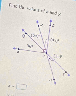 Find the values of x and y.
V=□