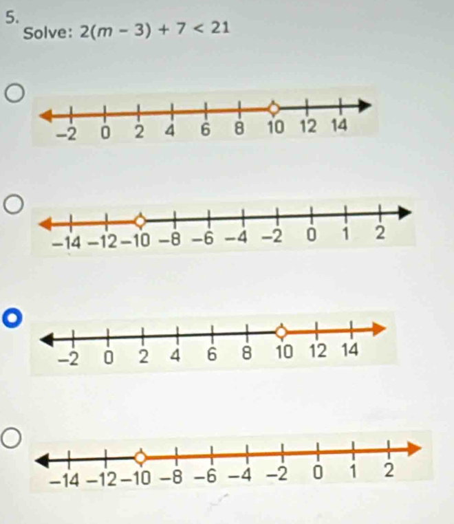 Solve: 2(m-3)+7<21</tex>