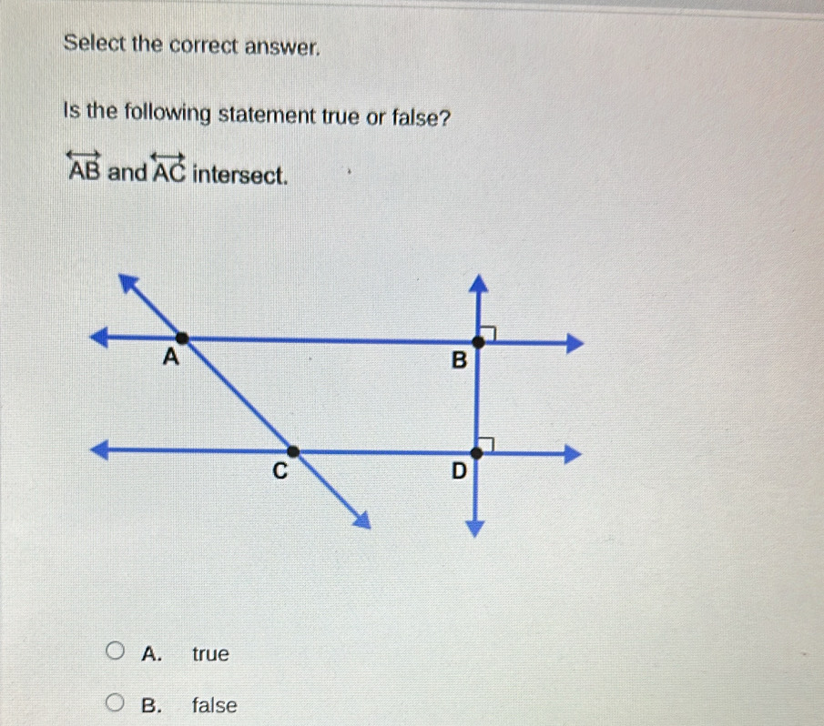 Select the correct answer.
Is the following statement true or false?
overleftrightarrow AB and overleftrightarrow AC intersect.
A. true
B. false