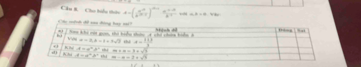 Cho biểu thứu A=( (a^(-3))/b^(-3) )^-3· frac a^(-3-5^4)1b^(-1) wah6 a,b=0 V
Các m