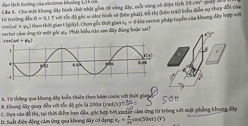 đạo lệch hướng của electron khoảng 1,14 cm.
Câu 3. Cho một khung dây hình chữ nhật gồm 10 vòng dây, mỗi vòng có diện tích 10cm^2 quay de n 
từ trường đều B=0, 1T với tốc độ góc ω như hình vẽ (bên phải). Đồ thị (bên trái) biểu diễn sự thay đổi của
cos (omega t+varphi _0) theo thời gian t(giay). Chọn gốc thời gian t_0=0 khi vector pháp tuyến của khung dây hợp với
vector cảm ứng từ một góc 9° 5. Phát biểu nào sau dây đúng hoặc sai?
cos (omega t+varphi _0)
π 5
A. Từ thông qua khung dây biến thiên theo hàm cosin với thời gian
B. Khung dây quay đều với tốc độ góc là 200π (rad/s)
C. Dựa vào đồ thị, tại thời điểm ban đầu, góc hợp bởi vector cảm ứng từ trùng với mặt phẳng khung dây
D. Suất điện động cảm ứng qua khung dây có dạng: c= π /20 cos (50π t)(V)
