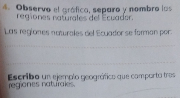 Observo el gráfico, separo y nombro las 
regiones naturales del Écuador. 
Las regiones naturales del Ecuador se forman por: 
Escribo un ejemplo geográfico que comparta tres 
regiones naturales.