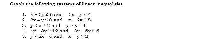 Graph the following systems of linear inequalities. 
1. x+2y≤ 6 and 2x-y<4</tex> 
2. 2x-y≤ 0 and x+2y≤ 8
3. y and y>x-3
4. 4x-3y≥ 12 and 8x-6y>6
5. y≥ 2x-6 and x+y>2