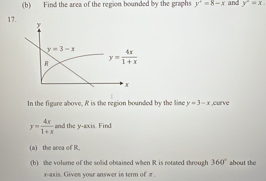 Find the area of the region bounded by the graphs y^2=8-x and y^2=x. 
17.
y
y=3-x
R
y= 4x/1+x 
x
In the figure above, R is the region bounded by the line y=3-x ,curve
y= 4x/1+x  and the y-axis. Find 
(a) the area of R, 
(b) the volume of the solid obtained when R is rotated through 360° about the 
x-axis. Given your answer in term of π.