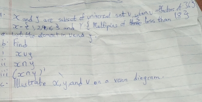Xand y are subjeet of universal set v, when v=π febrsof363
x= 1,2,4,6 and Y= PGU tiples of H_1H_2S less t an18
adt the dementin tand y. 
b. Find
xU_4
is x∩ y
ii (x∩ y)'
c.lustrate oc, yand V on a vehn diagram.