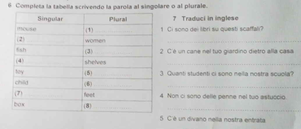 Completa la tabella scrivendo la parola al singolare o al plurale. 
7 Traduci in inglese 
Ci sono dei libri su questi scaffali? 
_ 
C'è un cane nel tuo giardino dietro alla casa 
_ 
Quanti studenti ci sono nella nostra scuola? 
_ 
Non ci sono delle penne nel tuo astuccio. 
_ 
5 C'è un divano nella nostra entrata