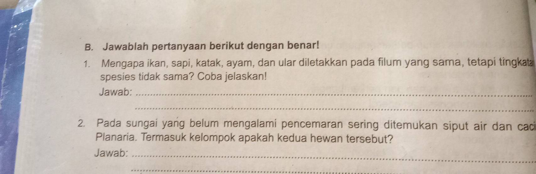 Jawablah pertanyaan berikut dengan benar! 
1. Mengapa ikan, sapi, katak, ayam, dan ular diletakkan pada filum yang sama, tetapi tingkat 
spesies tidak sama? Coba jelaskan! 
Jawab:_ 
_ 
2. Pada sungai yang belum mengalami pencemaran sering ditemukan siput air dan cac 
Planaria. Termasuk kelompok apakah kedua hewan tersebut? 
Jawab:_ 
_