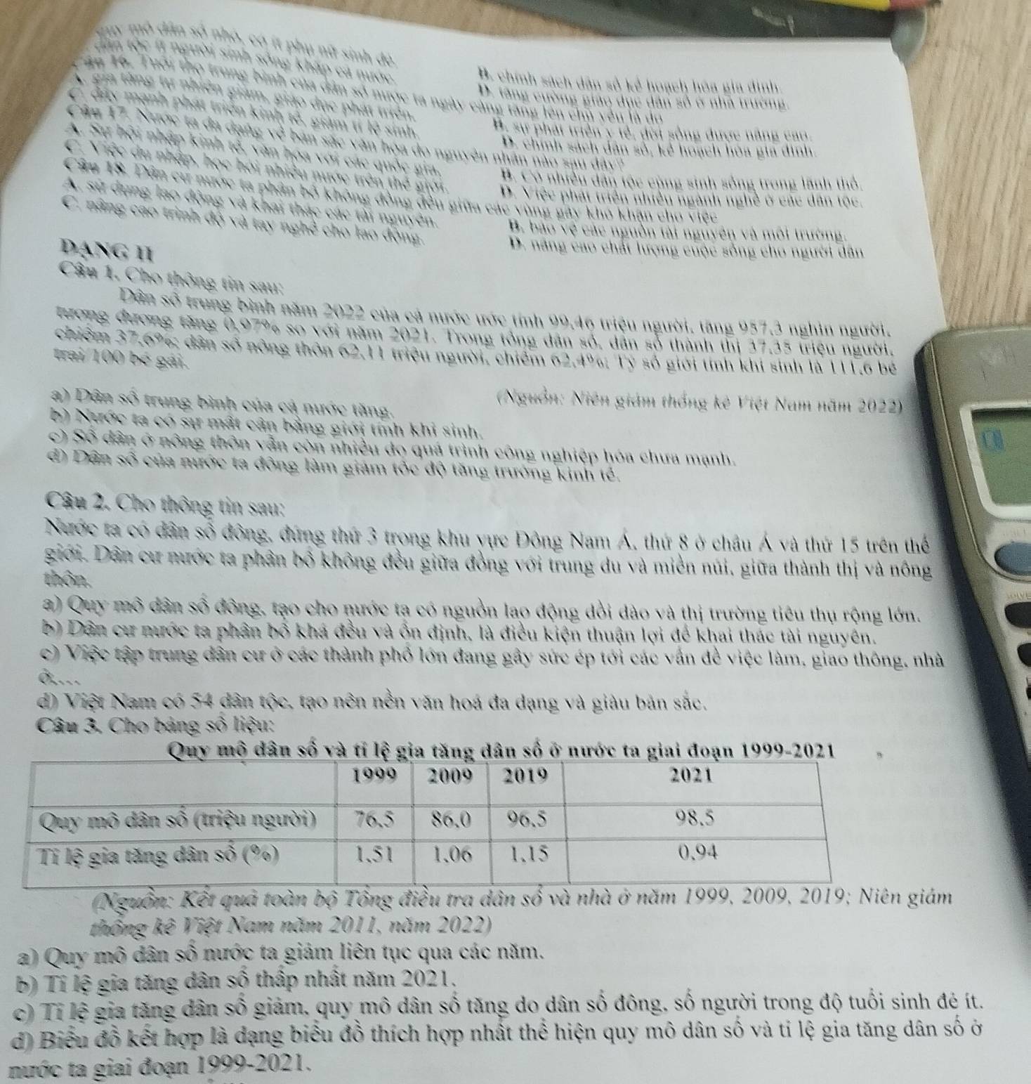 guy mô dân số nhỏ, có ít phụ nữ sinh đỏ
din tộc () người sinh sống kháp ca nước
B. chính sách dân số kể hoạch hóa gia định.
Tău 16. Tuổi thọ trung bình của dân số nược ta ngày cảng tăng lên chủ yêu là đu
A. gia tăng tự nhiên giám, giáo dục phát triển.
D. tăng cường giáo dục dân số ở nhà trường
C. đây mạnh phát triển kinh tế, giám tỉ lệ sinh.
B sự phát triển ý tế, đời sống được năng cao.
Câu 17. Nược ta đã dạng về ban sắc văn họa do nguyên nhân nào sậu dây?
D. chnh sách dân số, kẻ hoạch hòa gia định,
A. Sự hội nhập kinh tổ, văn hoa với các quốc gia, B. Có nhiều dân tộc cùng sinh sông trong lãnh thổ.
C. Việc du nhập, học hỏi nhiều nước trên thế giới. D. Việc phát triển nhiều ngành nghề ở các dân tộc.
Câu 18. Dân cư nước ta phần bỏ không đồng đều giữa các vùng gây khó khận cho việc
A. sử dụng lao động và khai thác các tài nguyên. B. bao vệ các nguồn tài nguyên và môi trường.
C. nâng cao trình độ và tay nghề cho lao động.
Đạng II
D. năng cao chất lượng cuộc sống cho người dân
Câu 1. Cho thông tin sau:
Dân số trung bình năm 2022 của cả nước ước tính 99.46 triệu người. tăng 957.3 nghìn người.
tương đương tăng 0,97% so với năm 2021. Trong tổng dân số, dân số thành thị 37.35 triệu người,
chiếm 37.6%; dân số nông thôn 62.11 triệu người, chiếm 62.4%: Tỷ số giới tính khi sinh là 111.6 bé
trai/100 bé gái.
(Nguồn: Niên giám thống kê Việt Nam năm 2022)
a) Dân số trung bình của cá nước tăng.
b) Nước ta có sự mất cân bằng giới tính khi sinh.
C
) Số dân ở nông thôn vẫn còn nhiều đo quá trình công nghiệp hóa chưa mạnh.
đ) Dân số của nước ta động làm giám tốc độ tăng trưởng kinh tế.
Câu 2. Cho thông tin sau:
Nước ta có dân số đông, đứng thứ 3 trong khu yực Đông Nam Á, thứ 8 ở châu Á và thứ 15 trên thể
giới. Dân cư nước ta phân bổ không đều giữa đồng với trung du và miền núi, giữa thành thị và nông
thôn.
a) Quy mô dân số đông, tạo cho nước tạ có nguồn lạo động dổi dào và thị trường tiêu thụ rộng lớn.
b) Dân cư nước ta phân bố khá đều và ổn định, là điều kiện thuận lợi để khai thác tài nguyên.
c) Việc tập trung dân cư ở các thành phố lớn đang gây sức ép tới các vấn để việc làm, giao thông, nhà
ð,.
d) Việt Nam có 54 dân tộc, tạo nên nền văn hoá đa dạng và giàu bản sắc.
Câu 3. Cho bảng số liệu:
Quy mô dân số và tỉ lệ gia tăng dân số ở nước ta giai đoạn 1999-2021
(Nguồn: Kết quá toàn bộ Tổng điều tra dân số và nhà ở năm 1999, 2009, 2019; Niên giám
thống kê Việt Nam năm 2011, năm 2022)
a) Quy mô dân số nước ta giảm liên tục qua các năm.
b) Tỉ lệ gia tăng dân số thấp nhất năm 2021.
c) Tỉ lệ gia tăng dân số giảm, quy mô dân số tăng do dân số đông, số người trong độ tuổi sinh đẻ ít.
d) Biểu đồ kết hợp là dạng biểu đồ thích hợp nhất thể hiện quy mô dân số và tỉ lệ gia tăng dân số ở
nước ta giai đoạn 1999-2021.