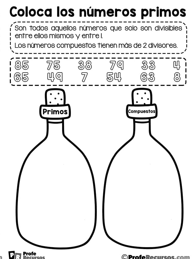 Coloca los números primos 
Son todos aquellos números que solo son divisibles 
entre ellos mismos y entre l. 
Los números compuestos tienen más de 2 divisores. 
Pr Profe 
Recursos ProfeRecursos com