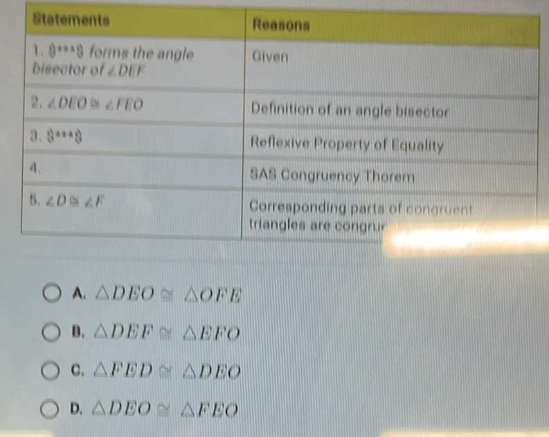 A. △ DEO≌ △ OFE
B. △ DEF≌ △ EFO
C. △ FED≌ △ DEO
D. △ DEO≌ △ FEO