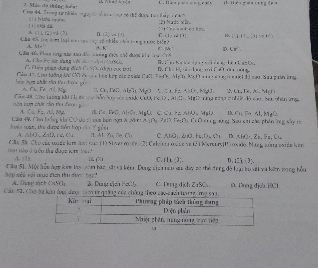 B. Nhiệt luyện C. Diện phân nóng chảy D. Điện phân dung dịch.
2. Mức độ thông hiểu:
Câu 44. Trong tự nhiên, nguyên tổ kim loại có thể được tìm thấy ở đâu?
(1) Nước ngâm.
(2) Nước biển.
(3) Đất đá. (4) Cây xanh cỏ hoa.
A. (1), (2) và (3). B. (2) và (3). C. (1) và (3) D. ( 1),(2),(3) và (4).
Câu 45. Ion kim loại nào sau cây có nhiều nhất trong nước biển?
A. Mg^(2-). B. K C. Na D. Ca^(2+).
Câu 46. Phân ứng nào sau đây không điều chế được kim loại Cu?
A. Cho Fe tác dụng với dụng dịch CuSO₄. B. Cho Na tác dụng với dung dịch CuSO_4.
C. Điện phân dung dịch C. SO₄ (điện cực trơ). D. Cho H_2 tác dụng với CuO, đun nóng.
Câu 47. Cho luồng khí CO dự qua hỗn hợp các oxide CuO, Fe_2O_3,Al_2O_3 , MgO nung nóng ở nhiệt độ cao. Sau phản ứng,
h ỗn hợp chất răn thu được gồ
A. Cu, Fe. Al, Mg. 3. Cu, FeO, Al_2O_3 , MgO. C. Cu, Fe. Al_2O_3,MgO. D. Cu, Fe, Al, MgO.
Câu 48. Cho luồng khí H_2 dự qua hồn hợp các oxide CuO, Fe_2O_3,AI_2O_3 , MgO nung nóng ở nhiệt độ cao. Sau phản ứng,
hỗn hợp chất rắn thu được gồn
A. Cu, Fe, Al, Mg. B. Cu,FeO,Al_2O_3,MgO C. Cu,Fe, Al_2O_3,MgO. D. Cu, Fe, Al, MgO.
Câu 49. Cho luồng khí CO dư đi qua hỗn hợp X gồm: Al_2O_3,ZnO,Fe_2O_3 , C O *  n ng nóng. Sau khi các phản ứng xày ra
thoàn toàn, thu được hỗn hợp răn Y gồm
A. Al_2O_3,ZnO , Fe, Cu. B. Al, Zn, Fe, Cu. C. Al_2O_3,ZnO,Fe_2O_3,Cu. D. Al_2O_3,Zn, ,Fe,Cu.
Câu 50. Cho các oxide kim loại sau: (1) Silver oxide; (2) Calcium oxide và (3) Mercurye () oxide. Nung nóng oxide kim
loại nào ở trên thu được kim loại?
A. (1). B. (2). C. (1);(3). D. (2); (3).
Câu 51. Một hỗn hợp kim loại gồm bạc, sắt và kẽm. Dung dịch nào sau đây có thể dùng để loại bỏ sắt và kẽm trong hỗn
hợp nêu với mục đích thu được bạc?
A. Dung dịch CuSO_4. B. Dung dịch FeCl_2 C. Dung dịch ZnSO_4. D. Dung dịch HCl.
Câu 52. Cho ba kim loại được tách từ quặng của chúng theo các cách tương ứ