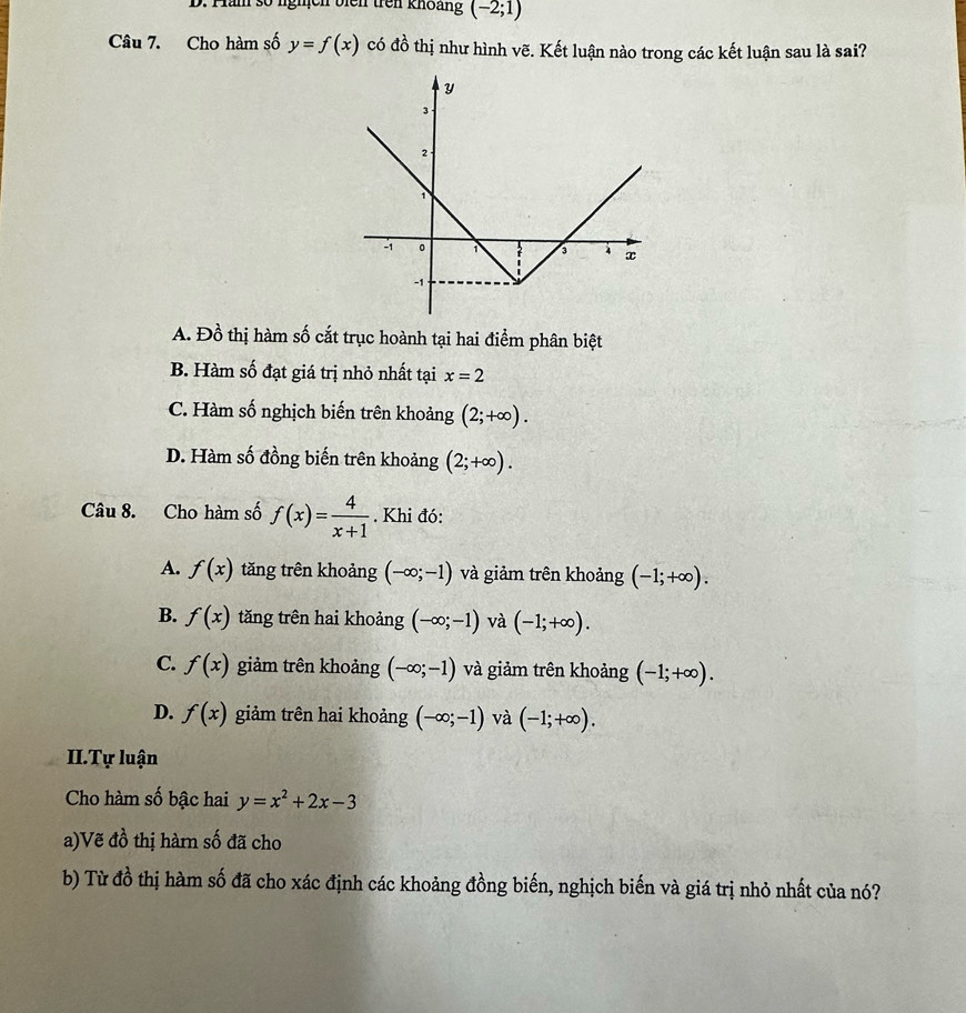 Hăm số nghcn biển trên khoảng (-2;1)
Câu 7. Cho hàm số y=f(x) có đồ thị như hình vẽ. Kết luận nào trong các kết luận sau là sai?
A. Đồ thị hàm số cắt trục hoành tại hai điểm phân biệt
B. Hàm số đạt giá trị nhỏ nhất tại x=2
C. Hàm số nghịch biến trên khoảng (2;+∈fty ).
D. Hàm số đồng biến trên khoảng (2;+∈fty ). 
Câu 8. Cho hàm số f(x)= 4/x+1 . Khi đó:
A. f(x) tăng trên khoảng (-∈fty ;-1) và giảm trên khoảng (-1;+∈fty ).
B. f(x) tăng trên hai khoảng (-∈fty ;-1) và (-1;+∈fty ).
C. f(x) giảm trên khoảng (-∈fty ;-1) và giảm trên khoảng (-1;+∈fty ).
D. f(x) giảm trên hai khoảng (-∈fty ;-1) và (-1;+∈fty ). 
II.Tự luận
Cho hàm số bậc hai y=x^2+2x-3
a)Vẽ đồ thị hàm số đã cho
b) Từ đồ thị hàm số đã cho xác định các khoảng đồng biến, nghịch biến và giá trị nhỏ nhất của nó?