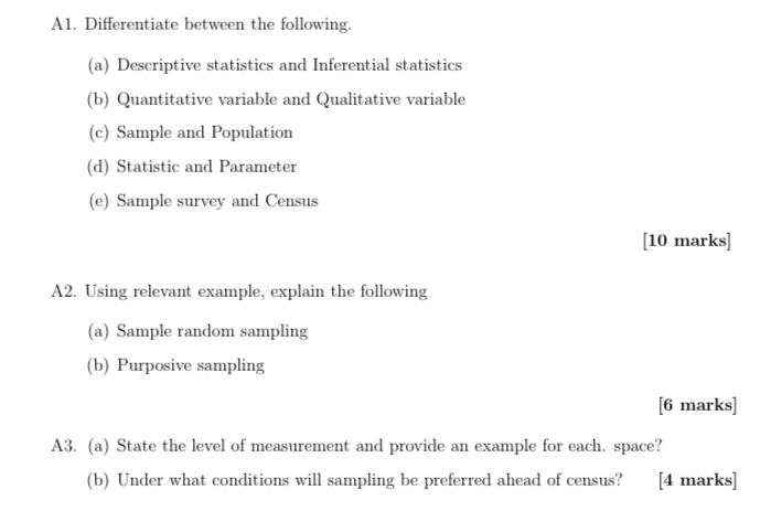 A1. Differentiate between the following. 
(a) Descriptive statistics and Inferential statistics 
(b) Quantitative variable and Qualitative variable 
(c) Sample and Population 
(d) Statistic and Parameter 
(e) Sample survey and Census 
[10 marks] 
A2. Using relevant example, explain the following 
(a) Sample random sampling 
(b) Purposive sampling 
[6 marks] 
A3. (a) State the level of measurement and provide an example for each. space? 
(b) Under what conditions will sampling be preferred ahead of census? | [4 marks]