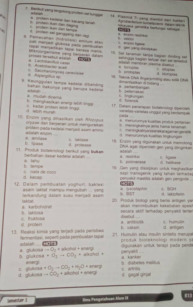 Berikut yang tergolong protein sel tunggal 14. Plasmid Ti yang diambil dari bakteri
adalah .... Agrobacterium tumefaciens dalam teknik
Kan a. protein kedelai dan kacang tanah rekayasa genetika berfungsi sebagai ....
b. protein ikan dan daging
c. protein ikan dan tempe HOTS
Tas d. protein sel ganggang dan ragi b. vektor
a. enzim restriksi
8. Pemecahan (hidrolisis) amilum atau c enzim ligase
pati menjadi glukosa pada pembuatan d. gen yang disisipkan
tapai menjadikan tapai berasa manis. 15. Sel tanaman tanpa bagian dinding sel
Mikroorganisme yang berperan dalam sehingga bagian terluar dari sel tersebut
proses tersebut adalah .... [o1s adalah membran plasma disebut ....
a. Lactobacillus casei
a. tonoplas
b. Acetobacter aceti b. protopias c. sitoplas d. kloroplas
c. Saccharomyces cerevisiae
d. Aspergillus sp. 16. Teknik DNA fingerprinting atau sidik DNA
dimanfaatkan di bidang …
9. Keunggulan tempe kedelai dibanding a. pertambangan
bahan bakunya yang berupa kedelai b. peternakan
adalah ....
c. lingkungan
a. mudah dicerna d. forensik
b. menghasilkan energi lebih tinggi 17. Dalam penerapan bioteknologi diperoleh
c. kadar protein lebih tinggi varietas-varietas unggul yang berdampak
d. lebih murah
pada ....
10. Enzim yang dihasilkan oleh Rhizopus a. menurunnya kualitas produk pertanian
oryzae dan berperan untuk menguraikan b. meningkatnya jenis hama tanaman
protein pada kedelai menjadi asam amino c. meningkatnya keanekaragaman genetik
adalah enzim .... d. menurunnya kualitas lingkungan
a. amilase c. laktase 18. Enzim yang digunakan untuk memotong
b. lipase d. protease DNA agar diperoleh gen yang diinginkan
11. Produk bioteknologi berikut yang bukan adalah ....
berbahan dasar kedelai adalah .... a. restriksi c. ligase
a. tahu b. polimerase d. helikase
b. tempe 19. Gen yang disisipkan untuk meghasilkar
c. nata de coco sapi transgenik yang tahan terhada
d. kecap penyakit mastitis adalah gen pengode .
12. Dalam pembuatan yoghurt, bakteri HOTS
asam laktat mampu mengubah ... yang a. lysostaphin c. BGH
terkandung dalam susu menjadi asam b. BST d. laktoferin
laktat. 20. Produk biologi yang berisi antigen yar
a. karbohidrat akan menimbulkan kekebalan spesi
b. laktosa secara aktif terhadap penyakit terte 
c. fruktosa
disebut ....
a. antibiotik c. humulin
d. protein b. vaksin d. antigen
13. Reaksi kimia yang terjadi pada peristiwa
fermentasi, seperti pada pembuatan tapai 21. Humulin atau insulin sintetis merupal
adalah .... HOTS  produk bioteknologi modern ya
a. glukosa to O_2+ alkohol + energi digunakan untuk terapi pada pende
b. glukosa +O_2to CO_2 + alkohol + penyakit ....
a. kanker
energi b. diabetes melitus
energi
C. a aluk osa +O_2to CO_2+H_2O+ A c. artritis
d. glukosato CO_2 + alkohol + energi d. gagal ginjal
Semester 2 Ilmu Pengetahuan Alam IX K13