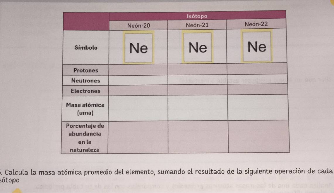 Calcula la masa atómica promedio del elemento, sumando el resultado de la siguiente operación de cada 
sótopo