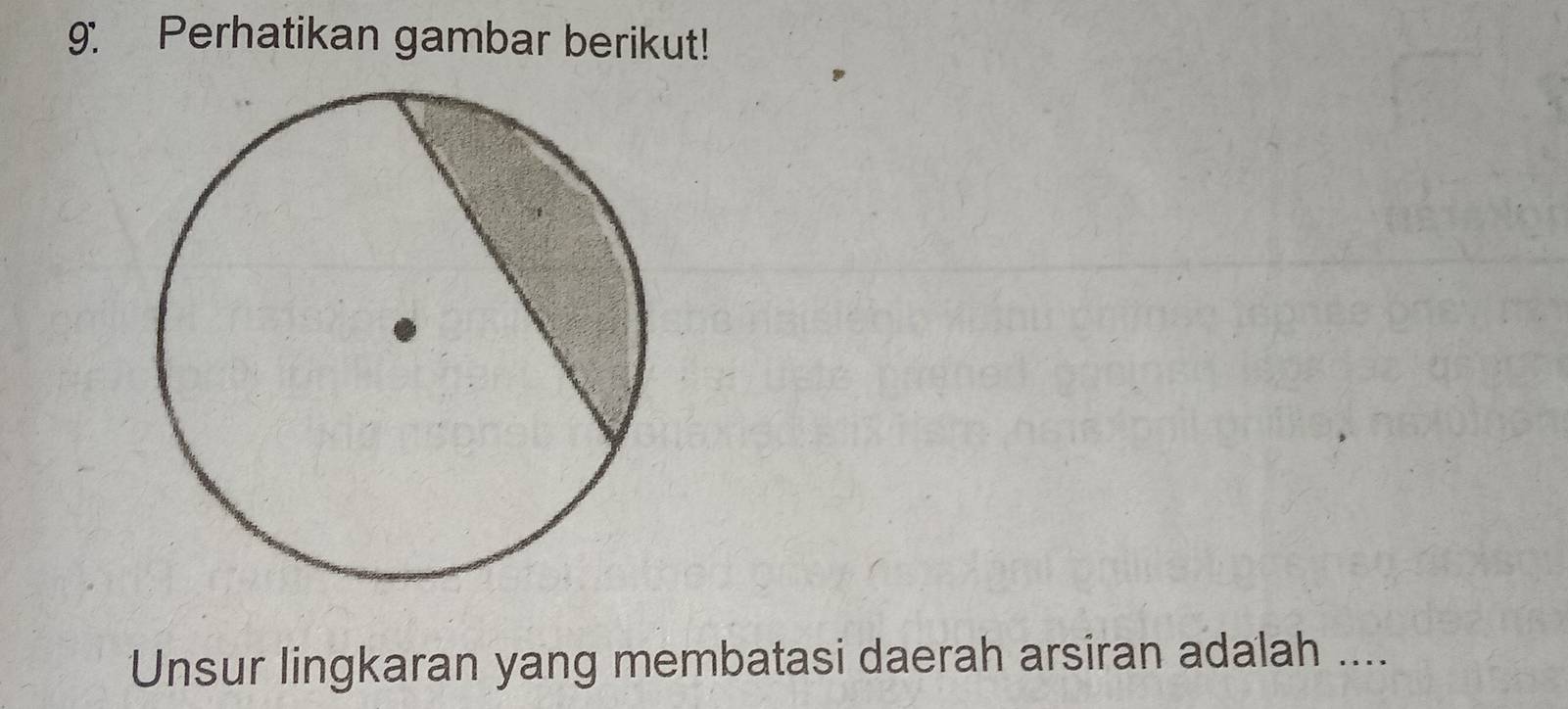 Perhatikan gambar berikut! 
Unsur lingkaran yang membatasi daerah arsiran adalah ....