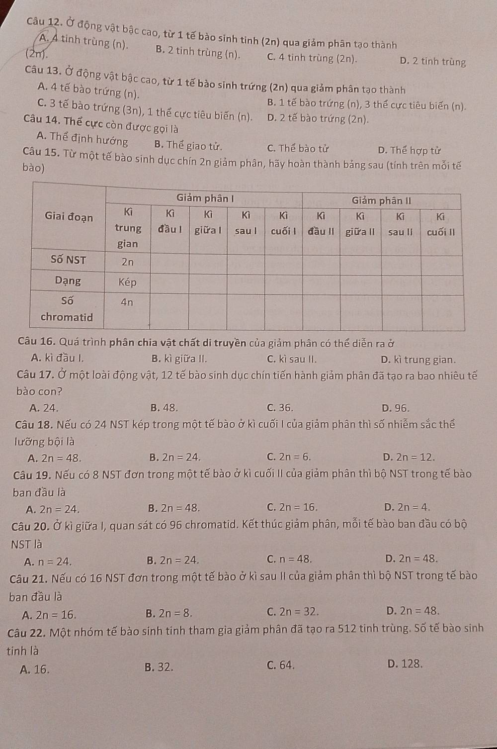 Ở động vật bậc cao, từ 1 tế bào sinh tinh (2n) qua giảm phân tạo thành
A. 4 tinh trùng (n). B. 2 tinh trùng (n).
(2n). C. 4 tinh trùng (2n). D. 2 tinh trùng
Câu 13. Ở động vật bậc cao, từ 1 tế bào sinh trứng (2n) qua giảm phân tạo thành
A. 4 tế bào trứng (n).
B. 1 tế bào trứng (n), 3 thế cực tiêu biến (n).
C. 3 tế bào trứng (3n), 1 thế cực tiêu biến (n). D. 2 tế bào trứng (2n).
Câu 14. Thể cực còn được gọi là
A. Thể định hướng B. Thể giao tử. C. Thể bào tử D. Thế hợp tử
Câu 15. Từ một tế bào sinh dục chín 2n giảm phân, hãy hoàn thành bảng sau (tính trên mỗi tế
bào)
Câu 16. Quá trình phân chia vật chất di truyền của giảm phân có thể diễn ra ở
A. kì đầu I. B. kì giữa II. C. kì sau II. D. kì trung gian.
Câu 17. Ở một loài động vật, 12 tế bào sinh dục chín tiến hành giảm phân đã tạo ra bao nhiêu tế
bào con?
A. 24. B. 48. C. 36. D. 96.
Câu 18. Nếu có 24 NST kép trong một tế bào ở kì cuối I của giảm phân thì số nhiễm sắc thể
lưỡng bội là
A. 2n=48. B. 2n=24. C. 2n=6. D. 2n=12.
Câu 19. Nếu có 8 NST đơn trong một tế bào ở kì cuối II của giảm phân thì bộ NST trong tế bào
ban đầu là
A. 2n=24. B. 2n=48. C. 2n=16. D. 2n=4.
Câu 20. Ở kì giữa I, quan sát có 96 chromatid. Kết thúc giảm phân, mỗi tế bào ban đầu có bộ
NST là
A. n=24. B. 2n=24. C. n=48. D. 2n=48.
Câu 21. Nếu có 16 NST đơn trong một tế bào ở kì sau II của giảm phân thì bộ NST trong tế bào
ban đầu là
A. 2n=16. B. 2n=8. C. 2n=32. D. 2n=48.
Câu 22. Một nhóm tế bào sinh tinh tham gia giảm phân đã tạo ra 512 tinh trùng. Số tế bào sinh
tinh là
A. 16. B. 32. C. 64. D. 128.