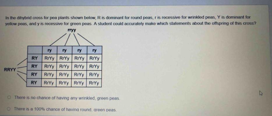 In the dihybrid cross for pea plants shown below, R is dominant for round peas, r is recessive for wrinkled peas, Y is dominant for
yellow peas, and y is recessive for green peas. A student could accurately make which statements about the offspring of this cross?
There is no chance of having any wrinkled, green peas.
There is a 100% chance of having round. green peas.