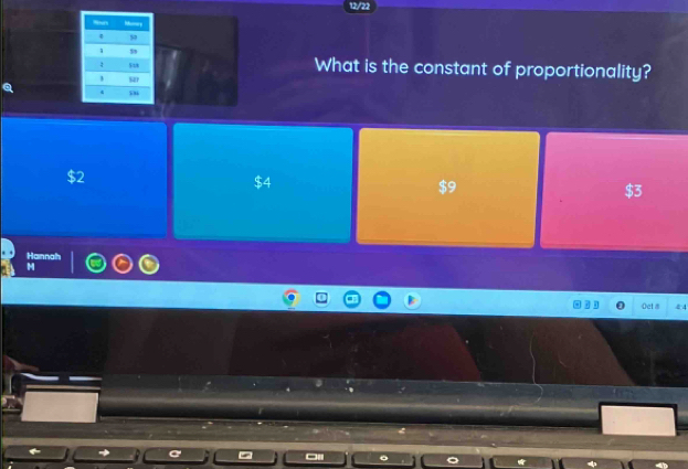 12/22
What is the constant of proportionality?
$2
$4
$9
$3
Hannah
M
Oet a # 4