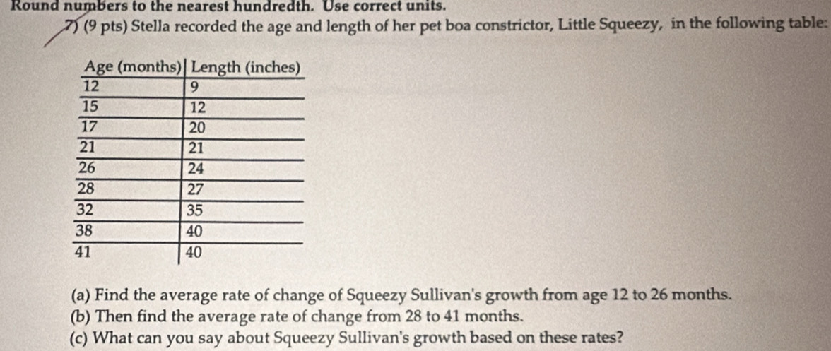 Round numbers to the nearest hundredth. Use correct units. 
7) (9 pts) Stella recorded the age and length of her pet boa constrictor, Little Squeezy, in the following table: 
(a) Find the average rate of change of Squeezy Sullivan's growth from age 12 to 26 months. 
(b) Then find the average rate of change from 28 to 41 months. 
(c) What can you say about Squeezy Sullivan's growth based on these rates?