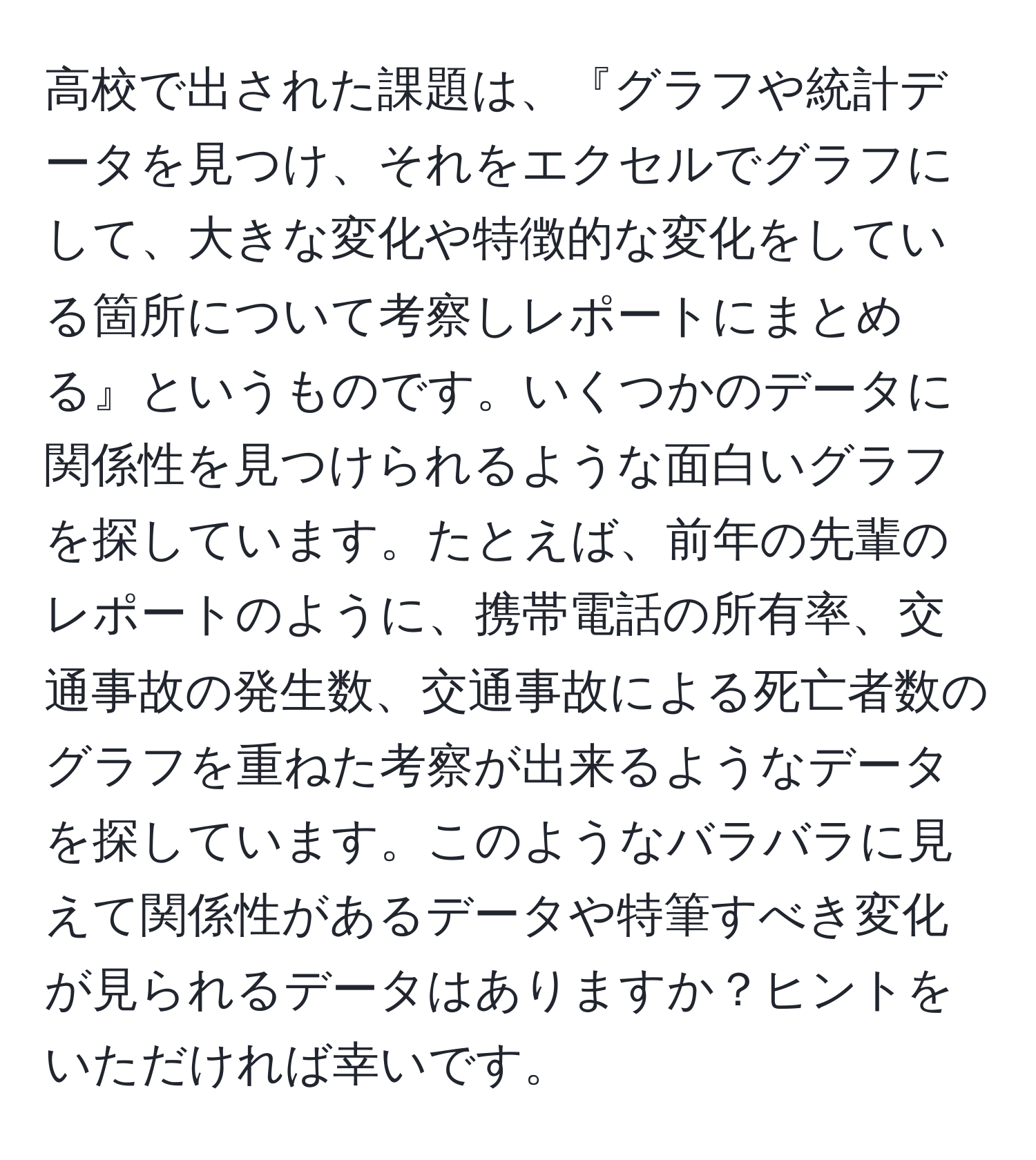 高校で出された課題は、『グラフや統計データを見つけ、それをエクセルでグラフにして、大きな変化や特徴的な変化をしている箇所について考察しレポートにまとめる』というものです。いくつかのデータに関係性を見つけられるような面白いグラフを探しています。たとえば、前年の先輩のレポートのように、携帯電話の所有率、交通事故の発生数、交通事故による死亡者数のグラフを重ねた考察が出来るようなデータを探しています。このようなバラバラに見えて関係性があるデータや特筆すべき変化が見られるデータはありますか？ヒントをいただければ幸いです。