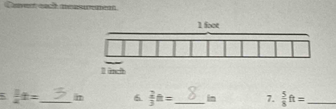 5  1/4 t= _ i 6.  2/3 ft= _in 7.  5/8 ft= _