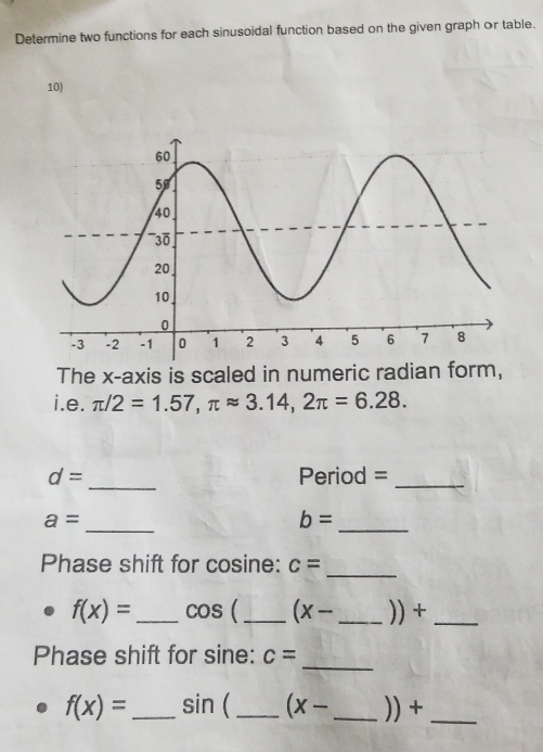 Determine two functions for each sinusoidal function based on the given graph or table. 
10) 
The x-axis is scaled in numeric radian form, 
i.e. π /2=1.57, π approx 3.14, 2π =6.28. 
_
d= Period =_ 
_
a=
b=
_ 
Phase shift for cosine: c=
_
f(x)= _ cos ( _  (x- _  )) +_ 
_ 
Phase shift for sine: c=
f(x)= _ sin  _ (x- _ )) +_