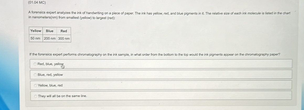 (01.04 MC)
A forensics expert analyzes the ink of handwriting on a piece of paper. The ink has yellow, red, and blue pigments in it. The relative size of each ink molecule is listed in the chart
in nanometers(nm) from smallest (yellow) to largest (red):
If the forensics expert performs chromatography on the ink sample, in what order from the bottom to the top would the ink pigments appear on the chromatography paper?
Red, blue, yellow
Blue, red, yellow
Yellow, blue, red
They will all be on the same line.