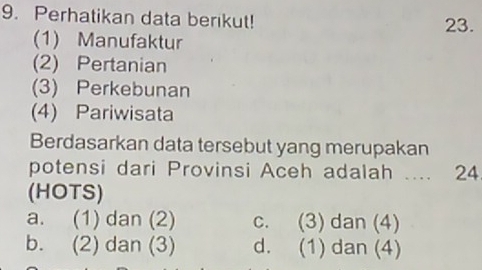 Perhatikan data berikut! 23.
(1) Manufaktur
(2) Pertanian
(3) Perkebunan
(4) Pariwisata
Berdasarkan data tersebut yang merupakan
potensi dari Provinsi Aceh adalah .... 24
(HOTS)
a. (1) dan (2) c. (3) dan (4)
b. (2) dan (3) d. (1) dan (4)