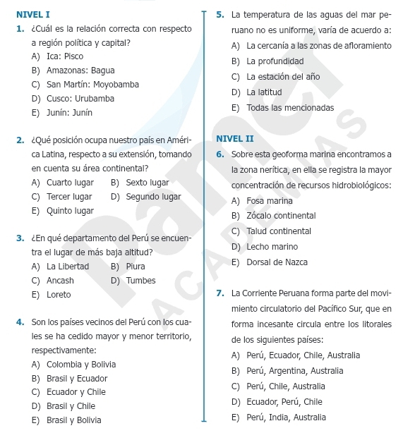 NIVEL I 5. La temperatura de las aguas del mar pe-
1. ¿Cuál es la relación correcta con respecto ruano no es uniforme, varía de acuerdo a:
a región política y capital? A) La cercanía a las zonas de afloramiento
A) Ica: Pisco B) La profundidad
B) Amazonas: Bagua
C) San Martín: Moyobamba C) La estación del año
D) Cusco: Urubamba D) La latitud
E) Junín: Junín E) Todas las mencionadas
2. ¿Qué posición ocupa nuestro país en Améri- NIVEL II
ca Latina, respecto a su extensión, tomando 6. Sobre esta geoforma marina encontramos a
en cuenta su área continental? la zona nerítica, en ella se registra la mayor
A) Cuarto lugar B) Sexto lugar  concentración de recursos hidrobiológicos:
C) Tercer lugar D) Segundo lugar A) Fosa marina
E) Quinto lugar B) Zócalo continental
C) Talud continental
3. ¿En qué departamento del Perú se encuen-
tra el lugar de más baja altitud? D) Lecho marino
A) La Libertad B) Piura E) Dorsal de Nazca
C) Ancash D) Tumbes
E) Loreto 7. La Corriente Peruana forma parte del movi-
miento circulatorio del Pacífico Sur, que en
4. Son los países vecinos del Perú con los cua- forma incesante circula entre los litorales
les se ha cedido mayor y menor territorio, de los siguientes países:
respectivamente: A) Perú, Ecuador, Chile, Australia
A) Colombia y Bolivia B) Perú, Argentina, Australia
B) Brasil y Ecuador
C) Ecuador y Chile C) Perú, Chile, Australia
D) Brasil y Chile D) Ecuador, Perú, Chile
E) Brasil y Bolivia E) Perú, India, Australia