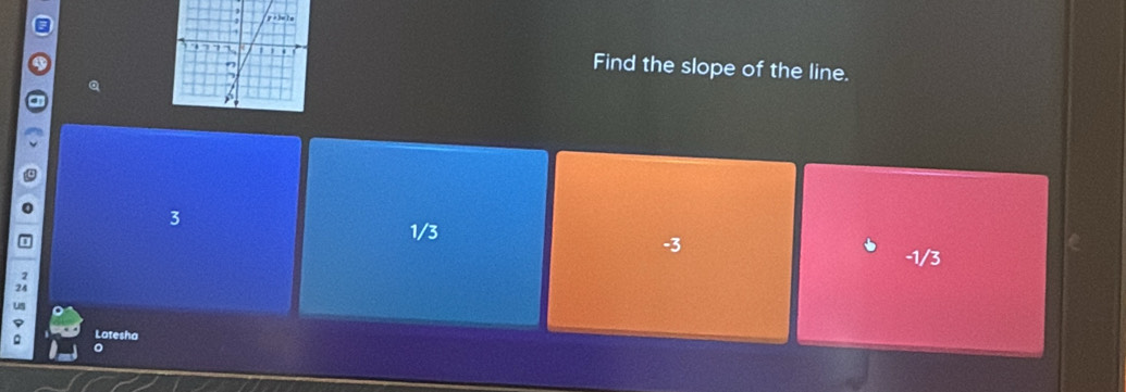 Find the slope of the line.
3
1/3
-3
-1/3
。 Latesha
。