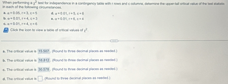 When performing a x^2 test for independence in a contingency table with r rows and c columns, determine the upper-tail critical value of the test statistic
in each of the following circumstances.
a. alpha =0.05, r=3, c=5 d. alpha =0.01, r=5, c=6
b. alpha =0.01, r=4, c=3 e. alpha =0.01, r=6, c=4
C. alpha =0.01, r=4, c=6
* Click the icon to view a table of critical values of x^2
a. The critical value is 15.507. (Round to three decimal places as needed )
b. The critical value is 16.812. (Round to three decimal places as needed.)
c. The critical value is 30.578. (Round to three decimal places as needed.)
d. The critical value is □. (Round to three decimal places as needed.)