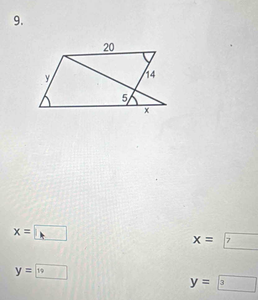 x=□
x=7
y=boxed 19
y=boxed 3